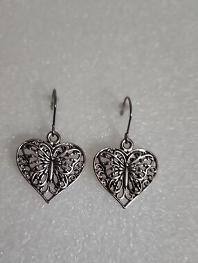Hand Crafted Silver Heart Butterfly Filigree Earrings